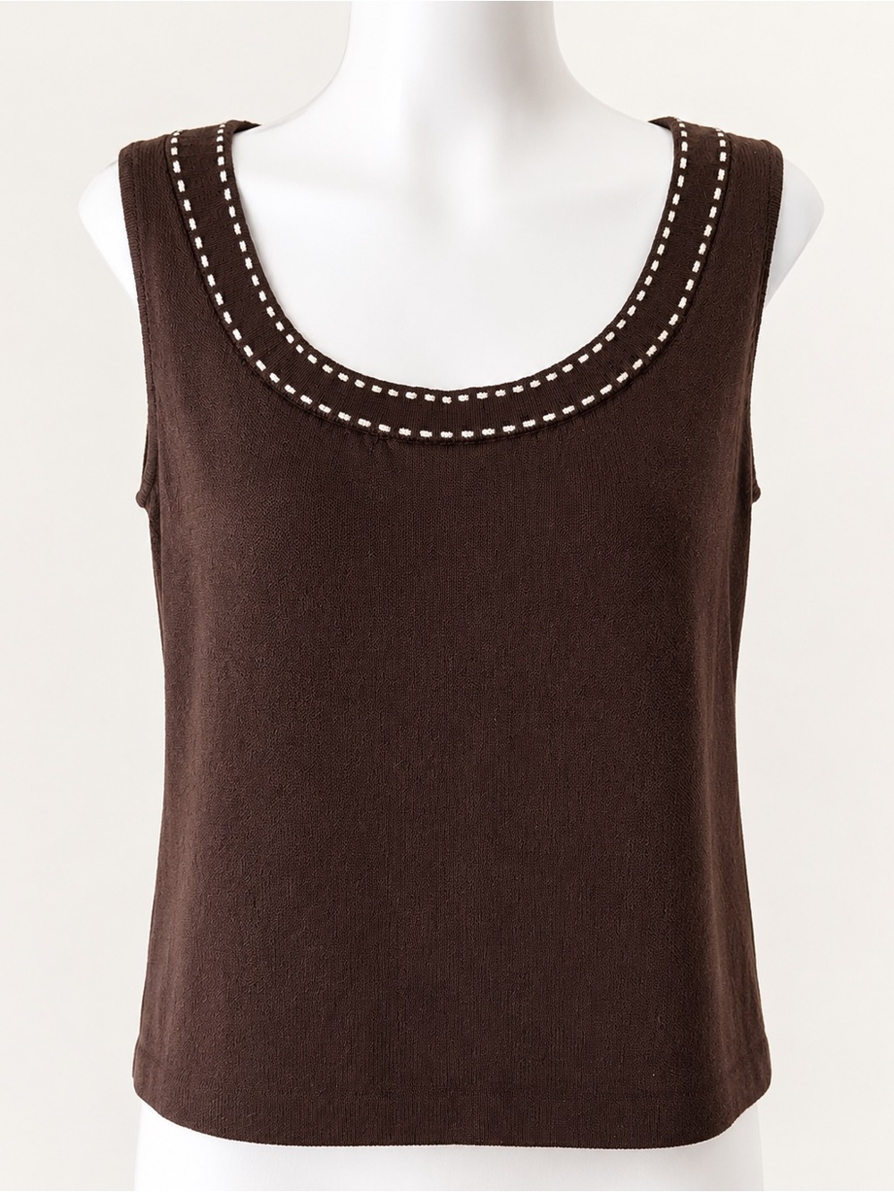 St. John Espresso Brown Knit Shell Contrast Whipstitch Trim Sleeveless Top L